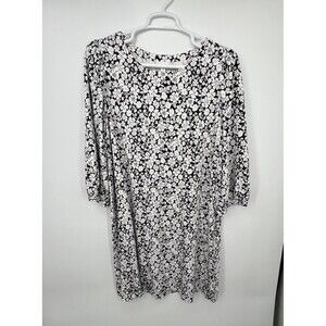 J Jill Dress Floral Shift Dress Black White 3/4 Sleeve SZ 2X Stretch Knee Length